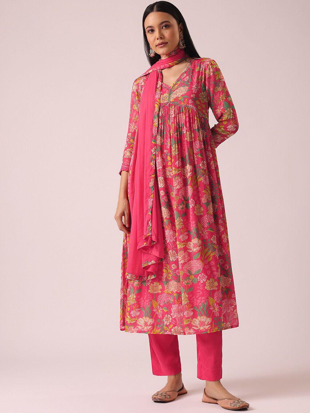 kalki fashion women pink floral printed empire kurti with trousers & with dupatta