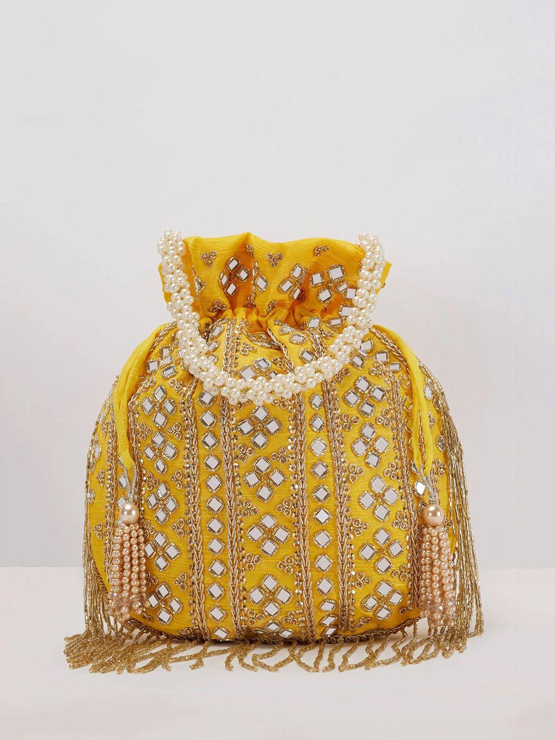 kalki fashion yellow & white embroidered potli clutch