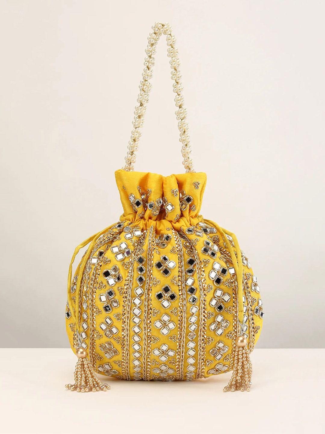 kalki fashion yellow & white embroidered potli clutch