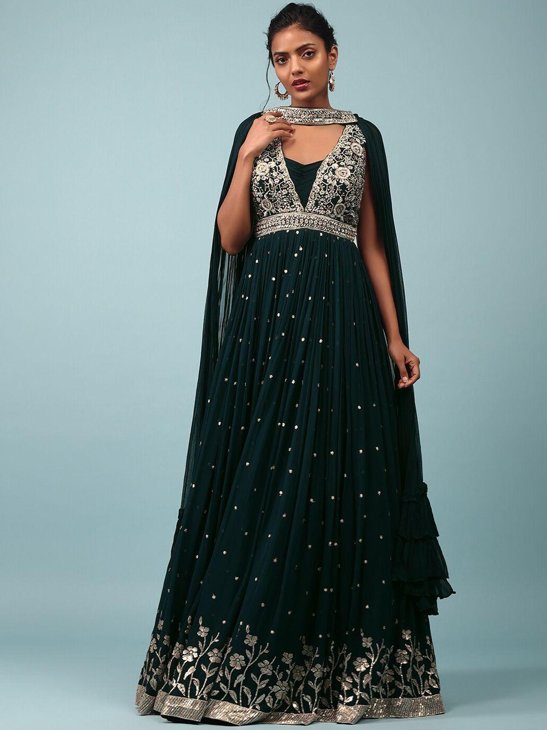 kalki floral embroidered v-neck embellished fit & flare maxi ethnic dress with dupatta