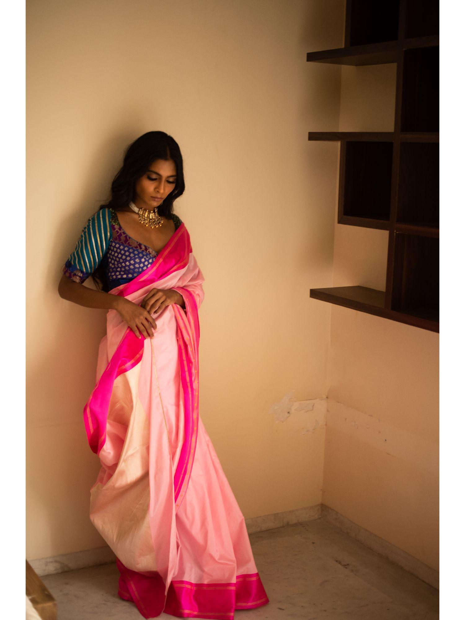 kalpi rose pink silk banarasi saree with fuschia mashru border with unstitched blouse