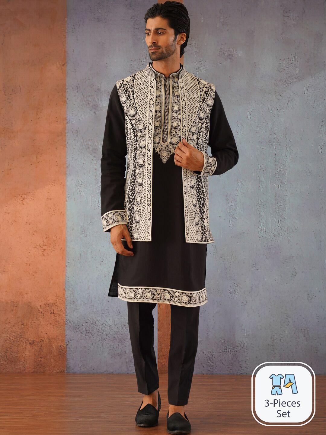 kalpraag ethnic motifs embroidered thread work kurta with trousers and nehru jacket