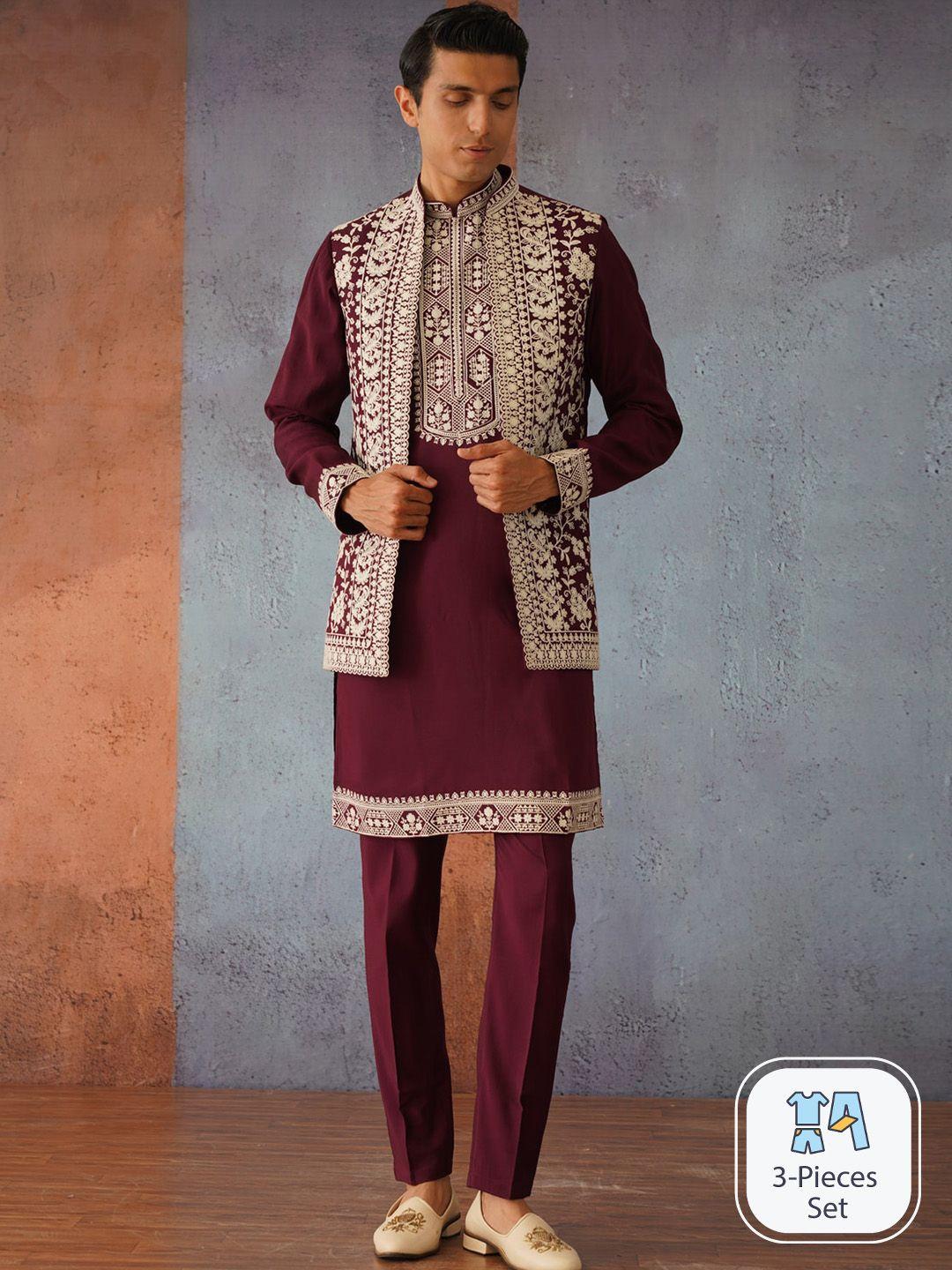 kalpraag ethnic motifs yoke design mandarin collar thread work kurta & trouser with jacket
