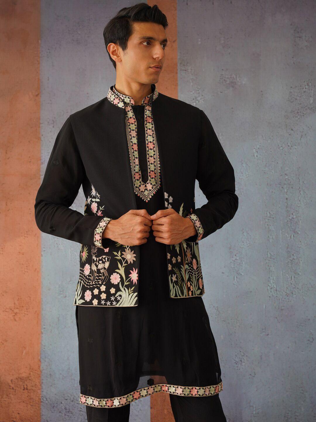 kalpraag floral embroidered mandarin collar georgette kurta with trousers & jacket