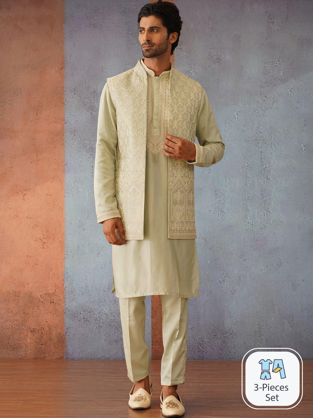 kalpraag floral embroidered regular kurta with trousers and nehru jacket