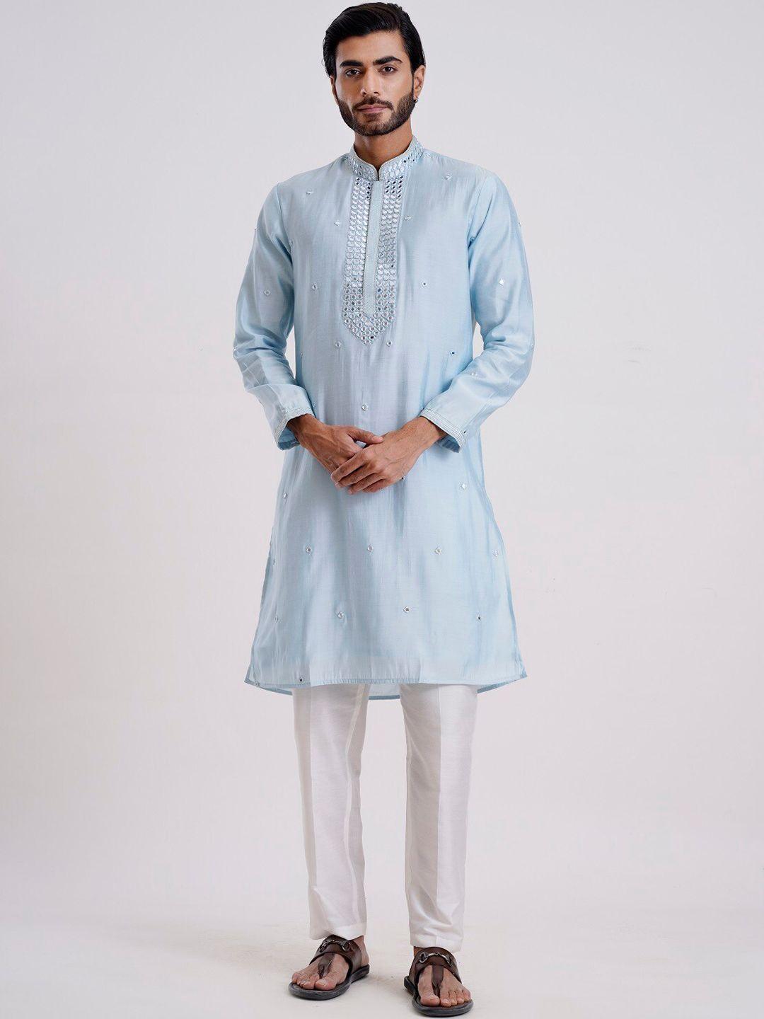 kalpraag geometric embroidered mandarin collar mirror work straight kurta with trouser