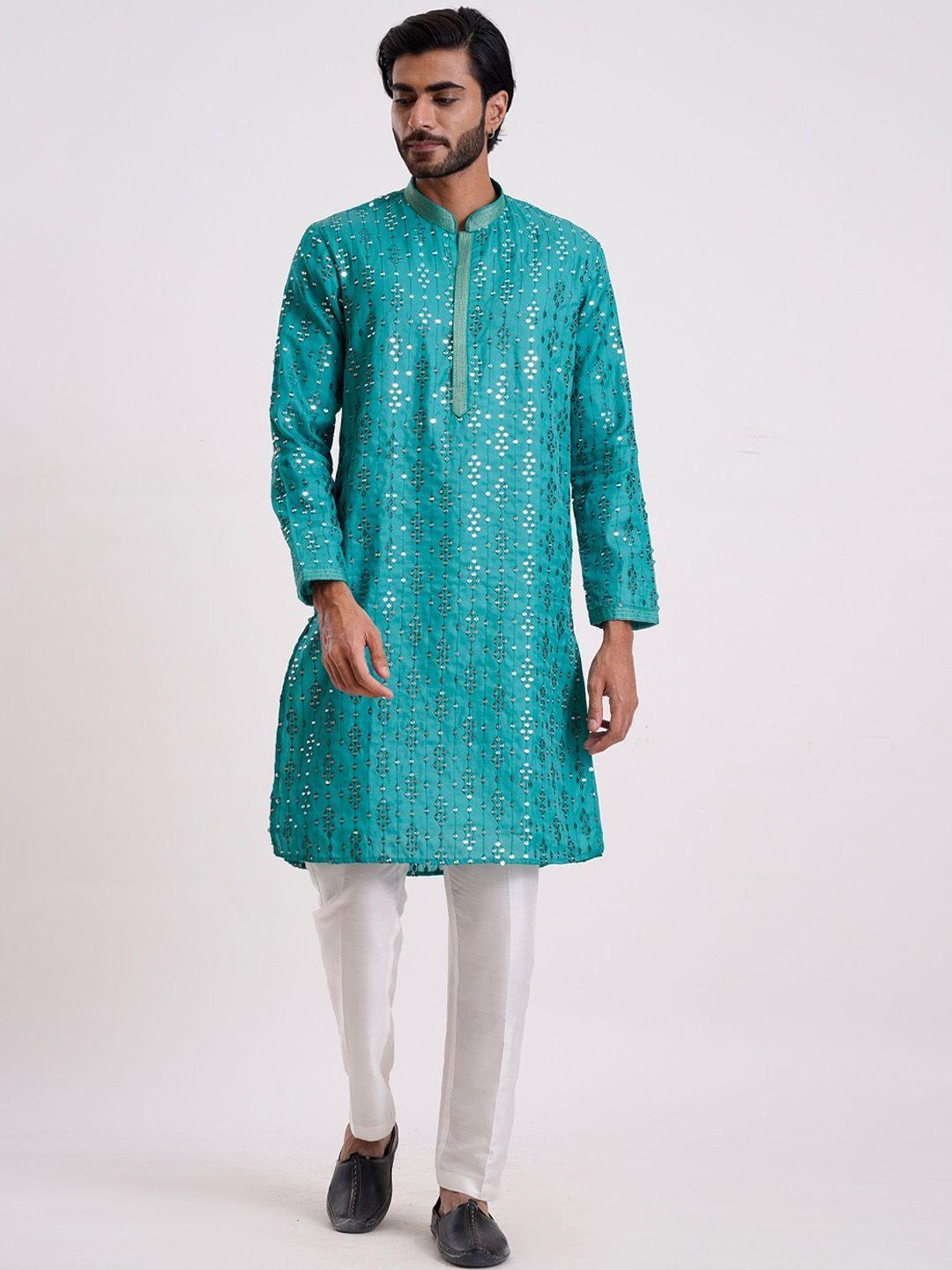 kalpraag geometric embroidered mirror work tussar silk straight kurta with trousers