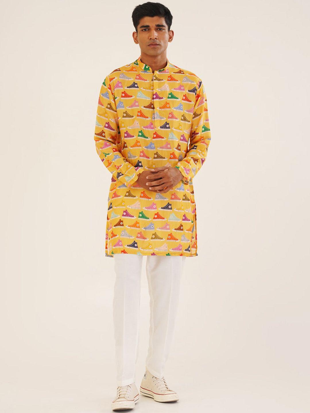 kalpraag geometric printed mandarin collar regular georgette kurta with trousers