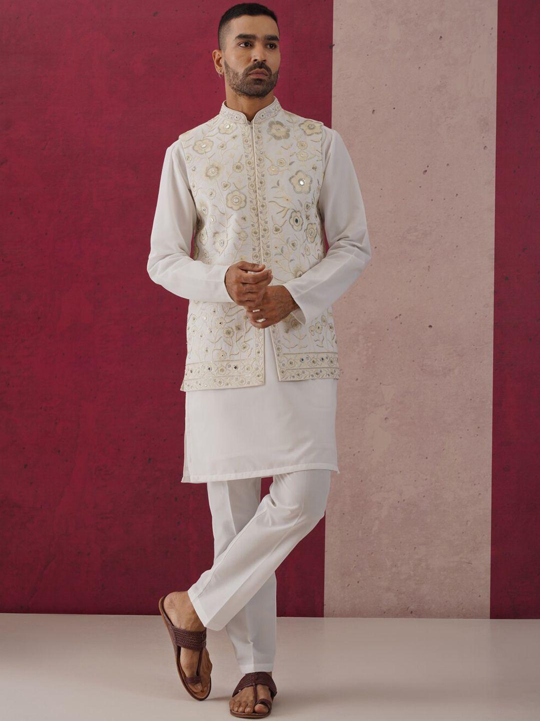 kalpraag mandarin collar georgette kurta with trousers & embroidered jacket