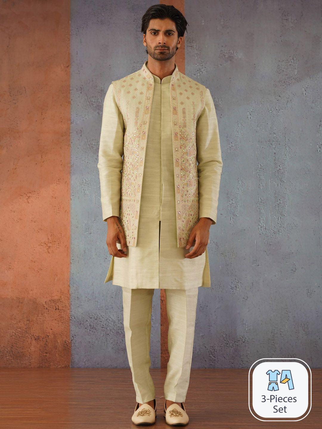 kalpraag mandarin collar straight kurta with trousers & jacket