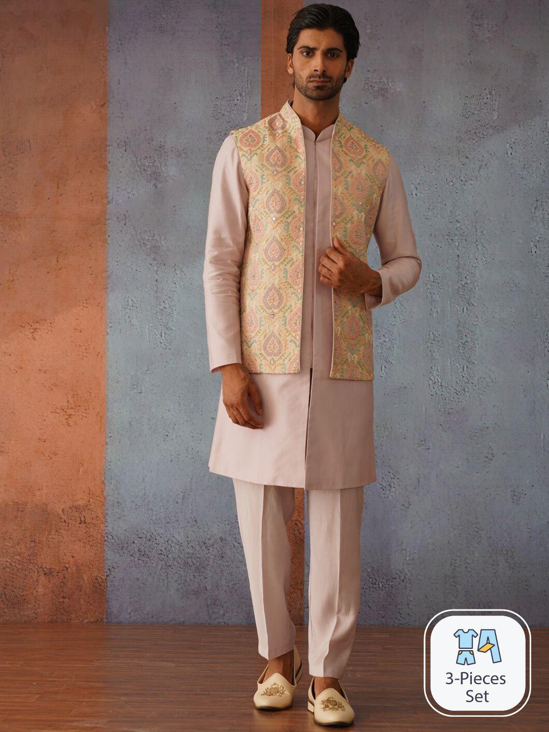 kalpraag mandarin collar straight kurta with trousers & nehru jacket