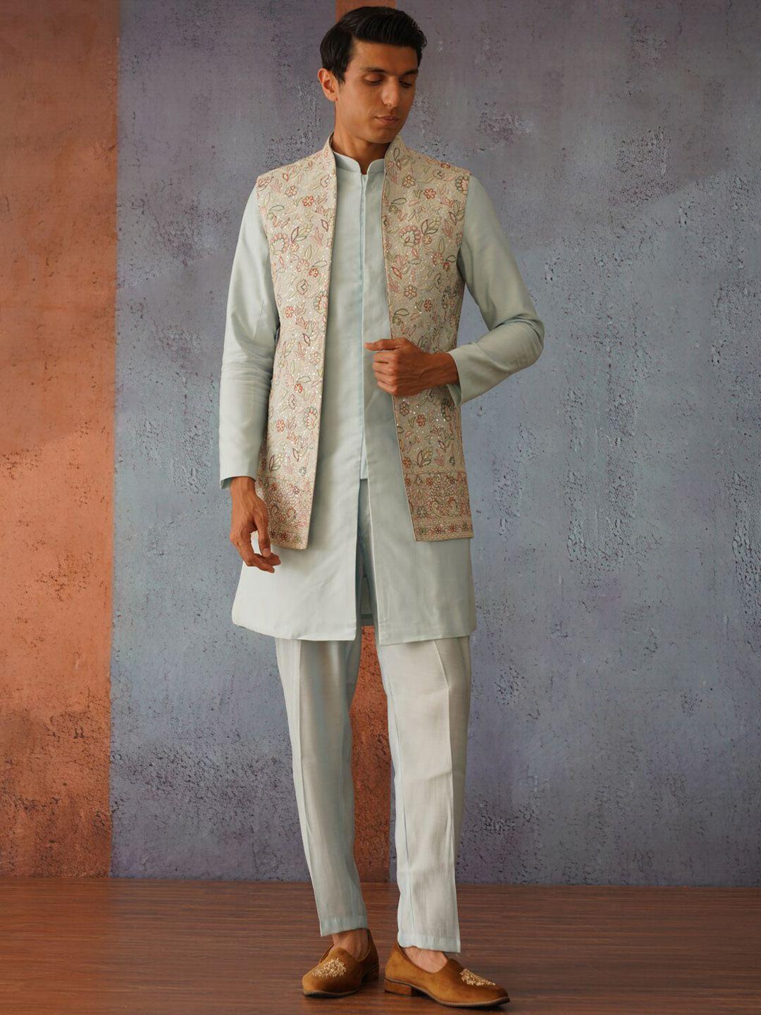 kalpraag mandarin collar straight kurta with trousers & nehru jacket