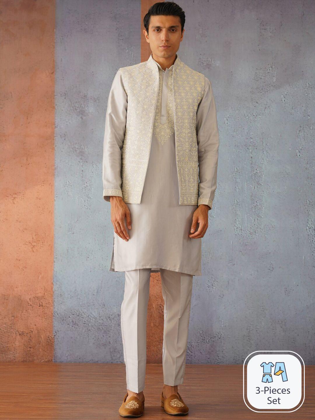 kalpraag mandarin collar thread work detailed straight kurta & trousers with nehru jacket