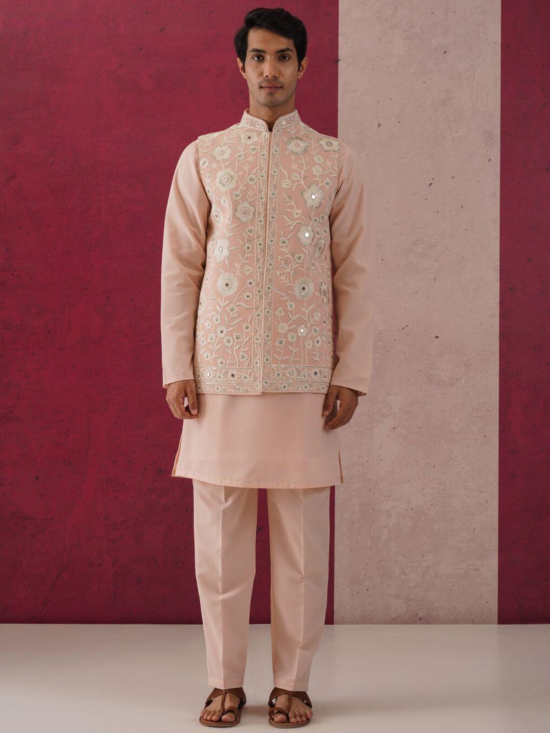 kalpraag regular straight kurta & trousers with floral embroidered jacket