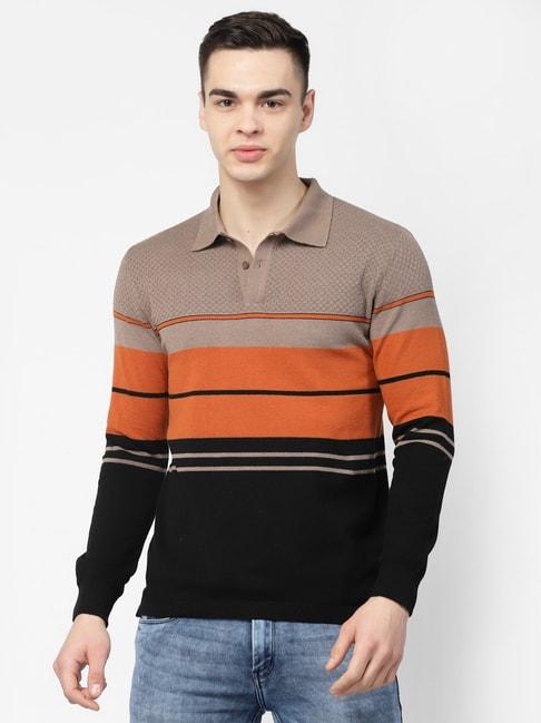 kalt black & rust regular fit striped polo t-shirt