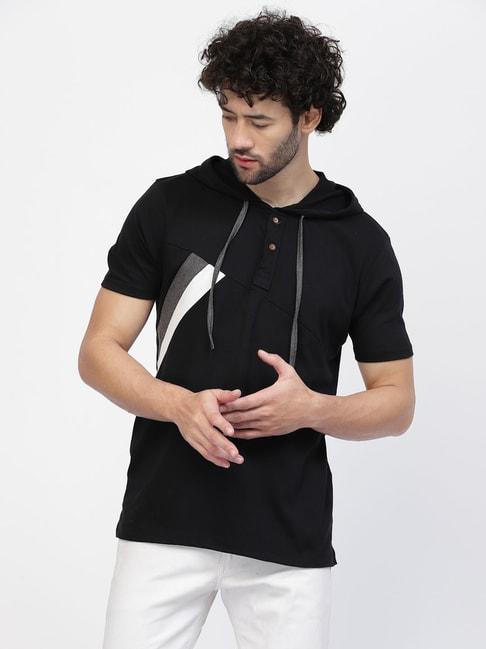 kalt black regular fit colour-block hooded t-shirt