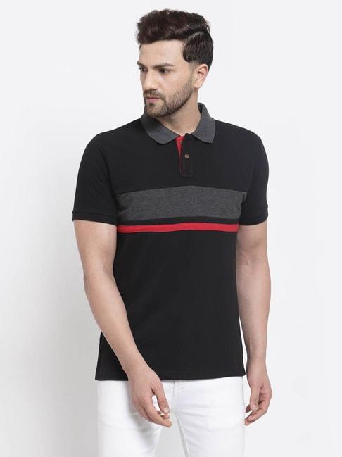 kalt black regular fit striped polo t-shirt