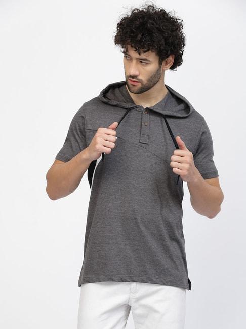 kalt grey melange regular fit colour-block hooded t-shirt
