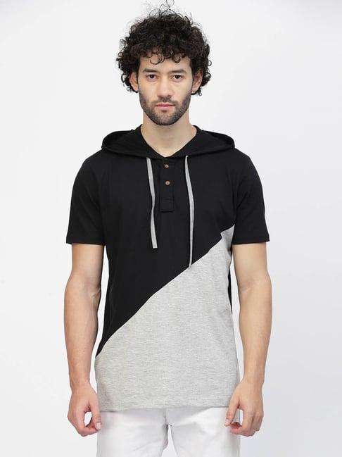 kalt light grey & black regular fit colour-block hooded t-shirt