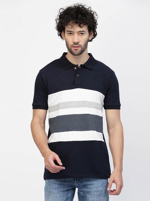 kalt navy & grey regular fit stripes polo t-shirt