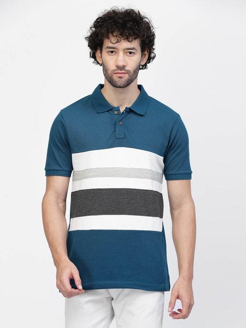 kalt teal & grey regular fit stripes polo t-shirt