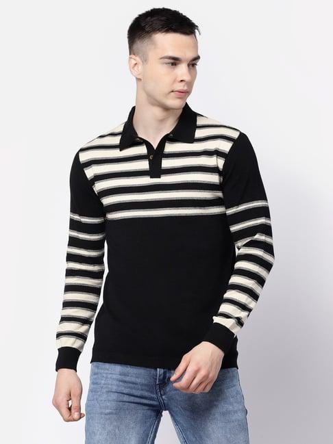 kalt black & cream regular fit striped polo t-shirt