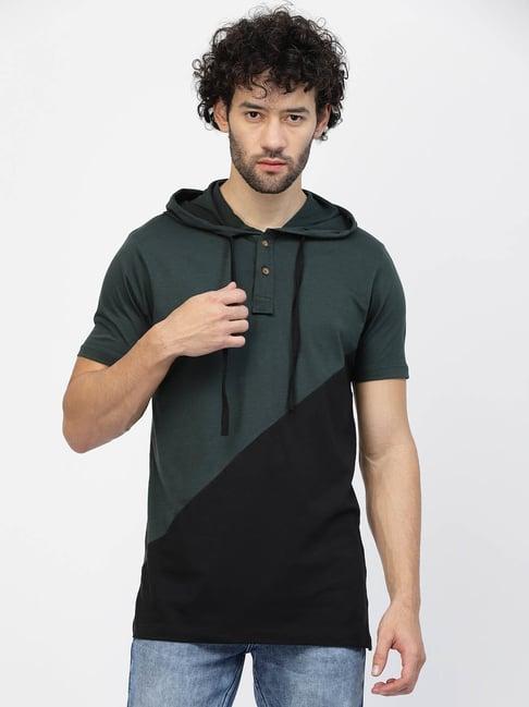 kalt black & dark green regular fit colour-block hooded t-shirt