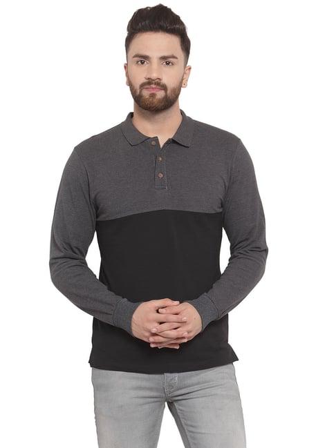 kalt black & grey melange colour-block polo t-shirt