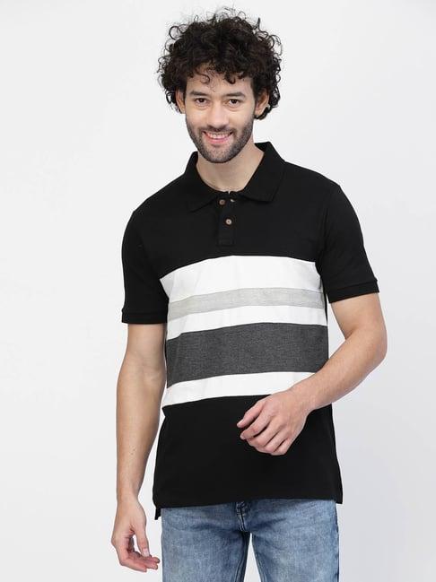 kalt black & grey regular fit stripes polo t-shirt