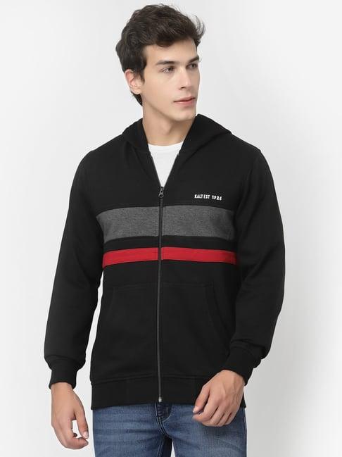 kalt black regular fit striped hooded sweatshirt