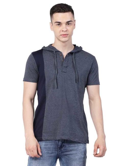 kalt blue melange regular fit hooded t-shirt