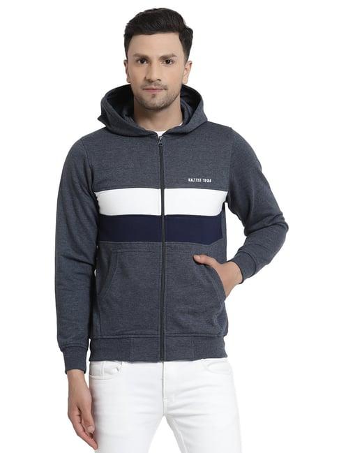 kalt dark blue melange full sleeves hooded sweatshirt