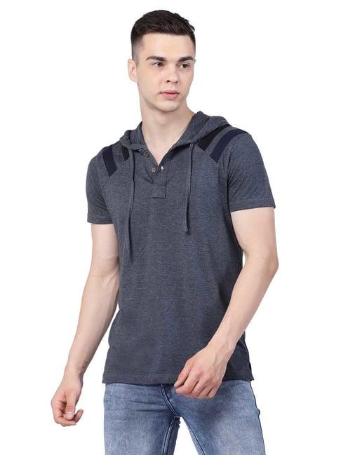 kalt dark blue melange regular fit striped hooded t-shirt