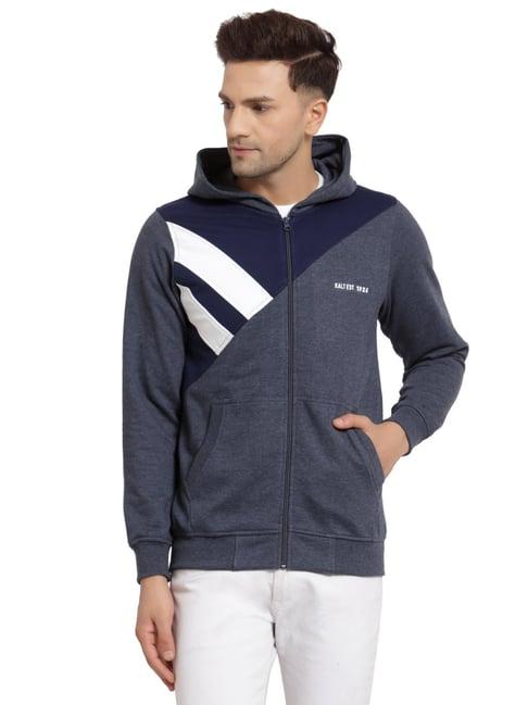 kalt dark blue regular fit colour block hooded sweatshirt