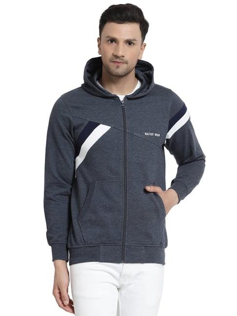 kalt dark blue regular fit striped hooded sweatshirt