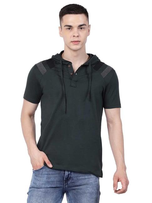 kalt dark green regular fit striped hooded t-shirt