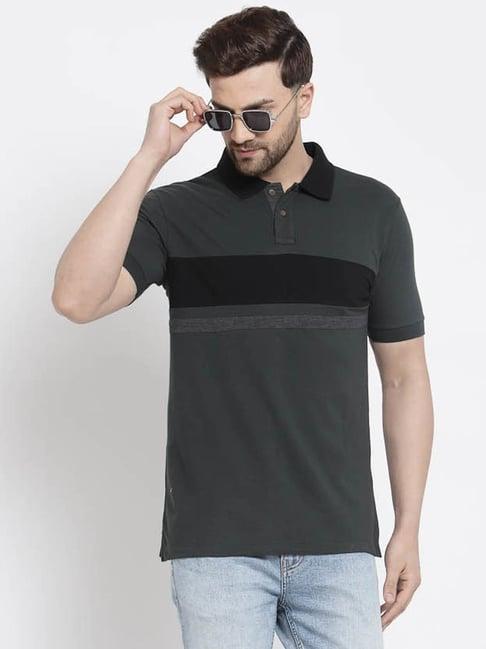 kalt dark green regular fit striped polo t-shirt