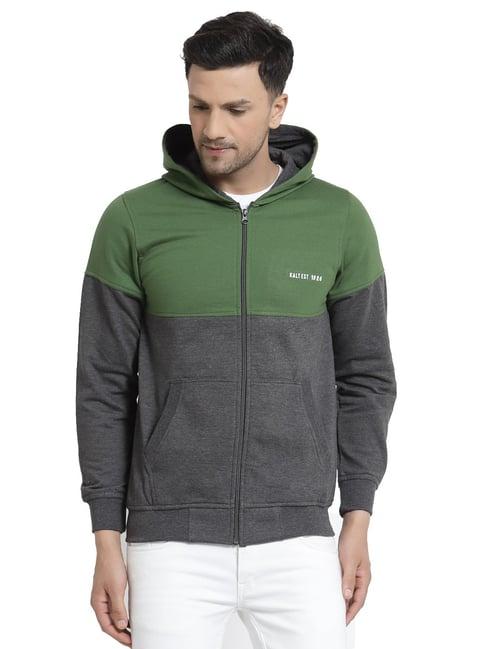 kalt dark grey & green full sleeves hooded sweatshirt