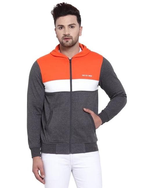 kalt dark grey & orange full sleeves hooded sweatshirt