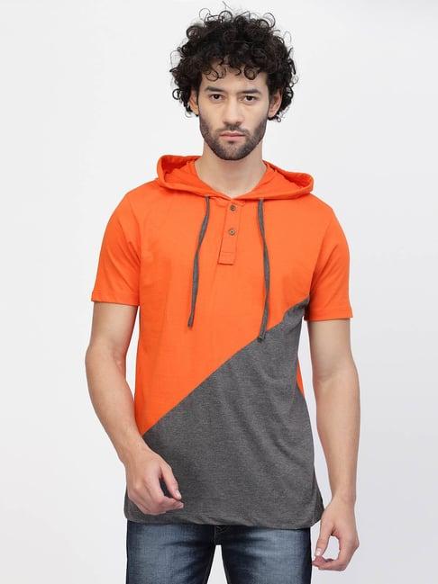 kalt dark grey & orange regular fit colour-block hooded t-shirt