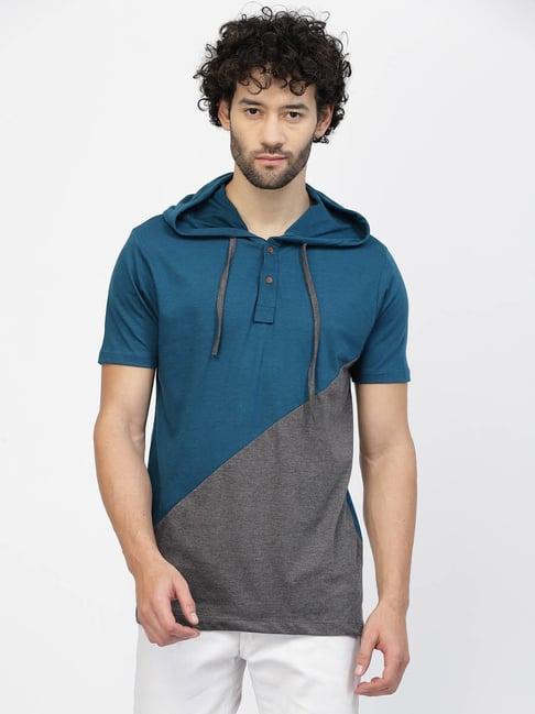 kalt dark grey & teal regular fit colour-block hooded t-shirt