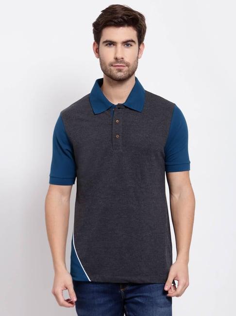 kalt dark grey & teal regular fit colour-block polo t-shirt