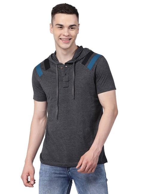 kalt dark grey melange regular fit striped hooded t-shirt