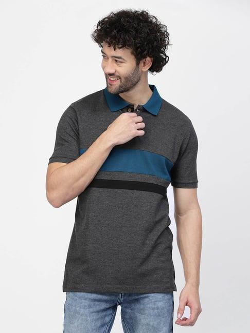 kalt dark grey regular fit striped polo t-shirt