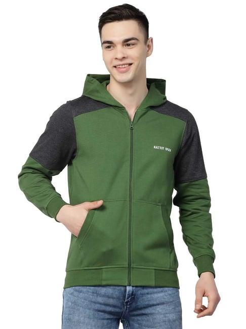 kalt green & grey melange regular fit hooded sweatshirt