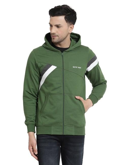 kalt green regular fit striped hooded sweatshirt
