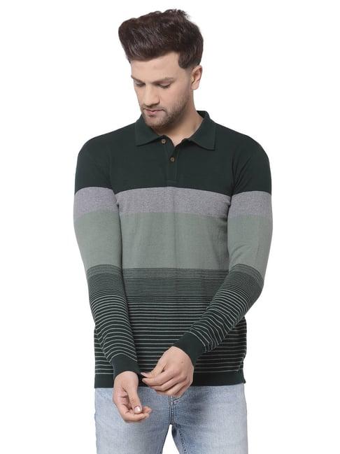 kalt green regular fit striped polo t-shirt