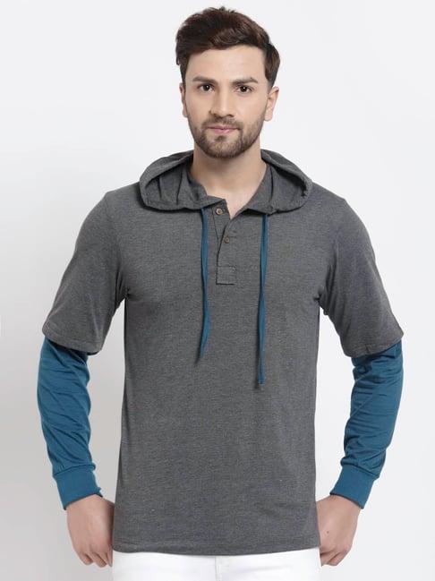 kalt grey melange & teal regular fit hooded sweatshirt