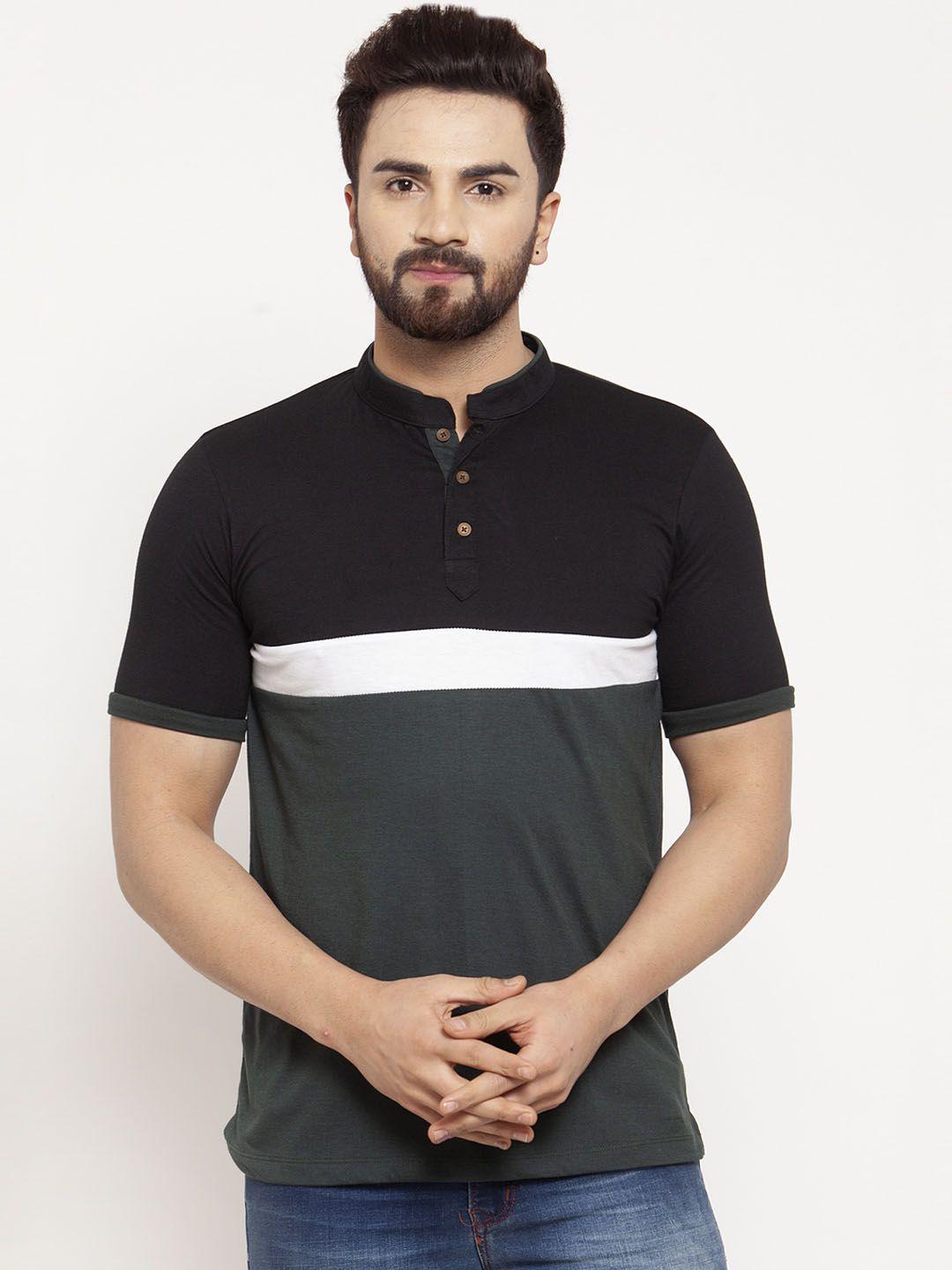 kalt men black & grey colourblocked mandarin collar t-shirt