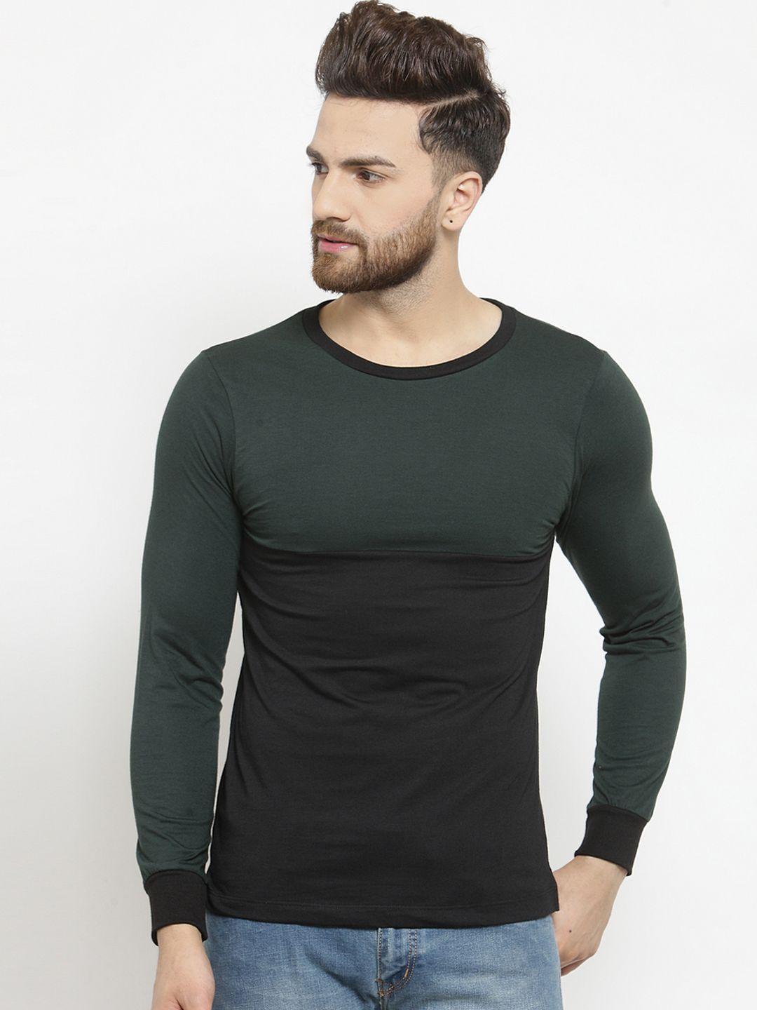 kalt men green & black colourblocked round neck t-shirt